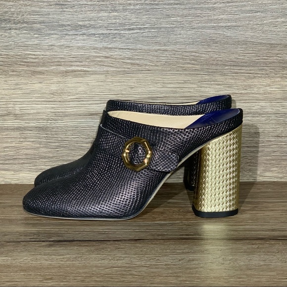 Valentina Rangoni Sansone Leather Block Heel Mule Grafite Black and Gold Size- 7 - Picture 4 of 9